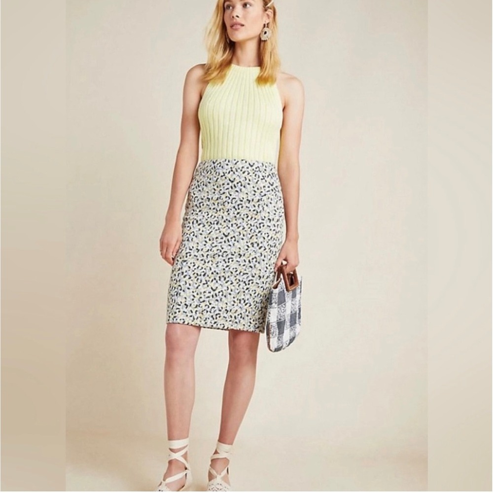 Maeve Anthropologie Pencil Skirt Large Blue Yellow Leopard Print Animal Textured